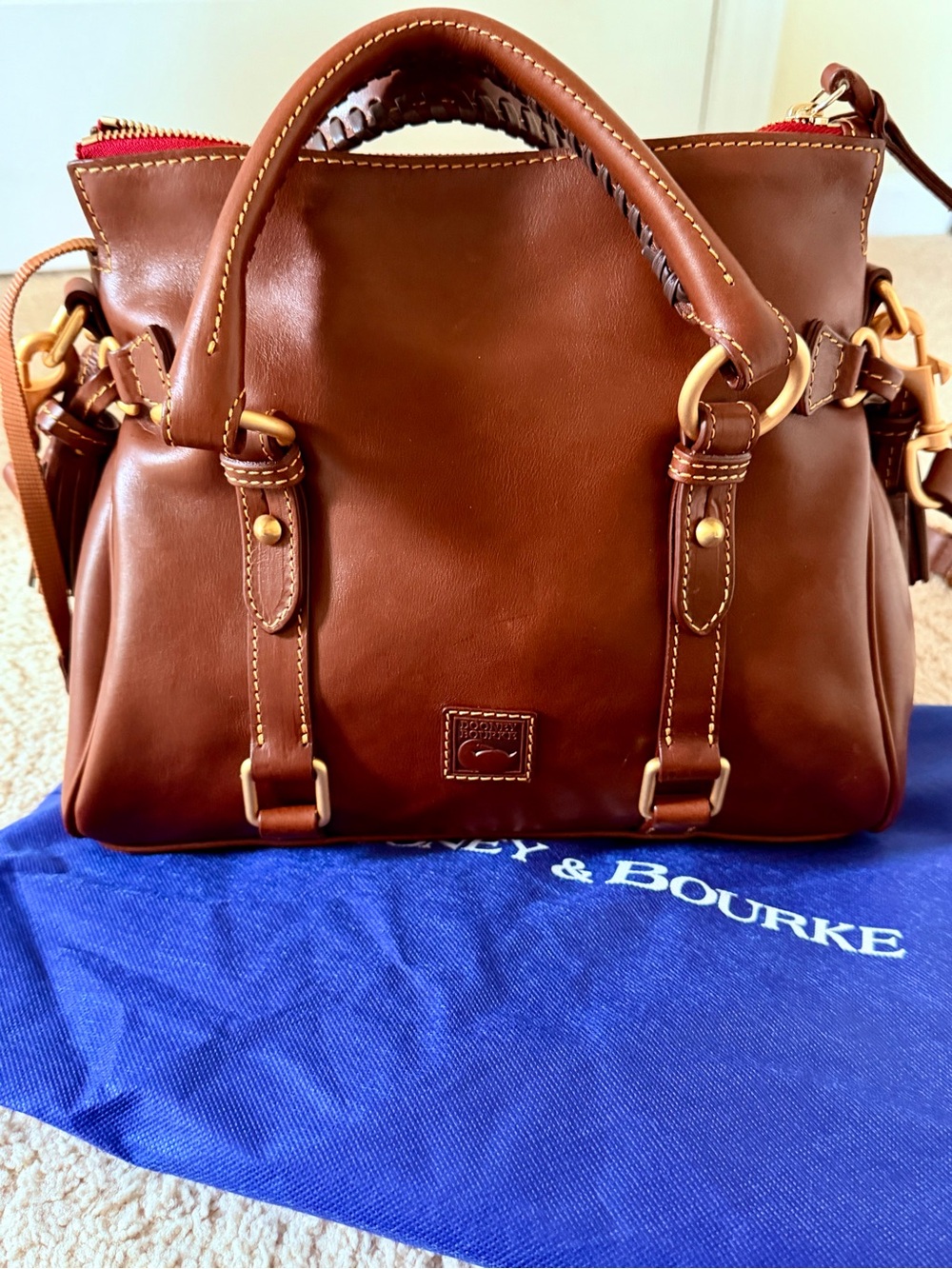 NEW:Dooney & Bourke Florentine Chestnut Brown Leather Satchel with Gold Hardware - Picture 7 of 7